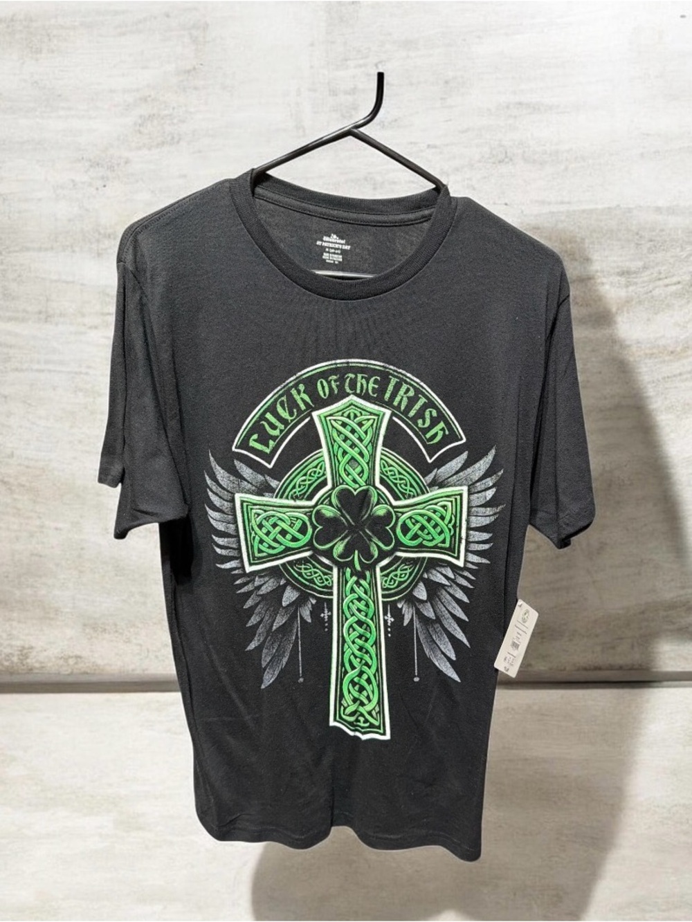 Celebrate It Black T-Shirt with Green Celtic Cross and Shamrock Graphic